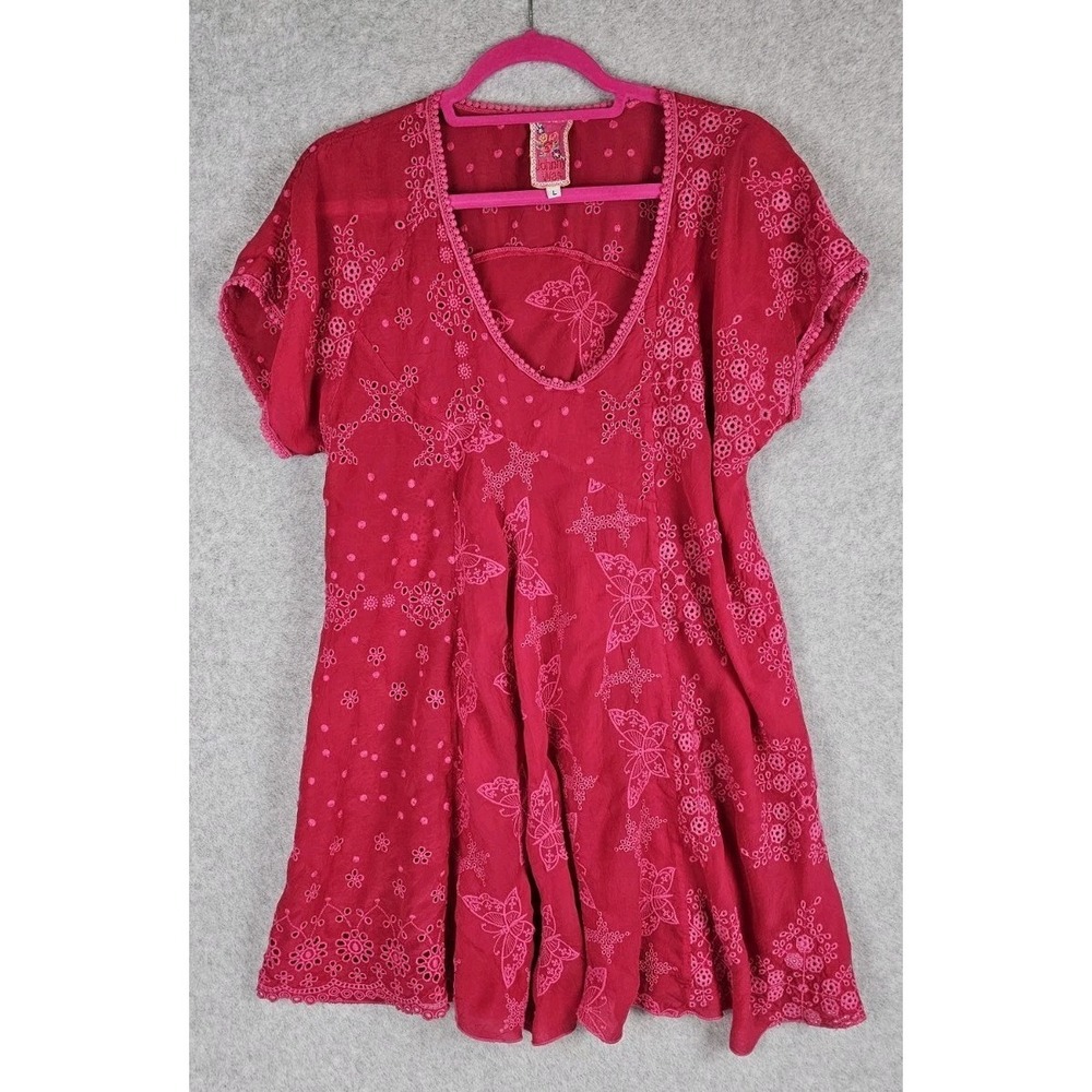 Johnny Was Pink Embroidered Eyelet Butterflies BOHO Tunic Mini Dress Sz Large